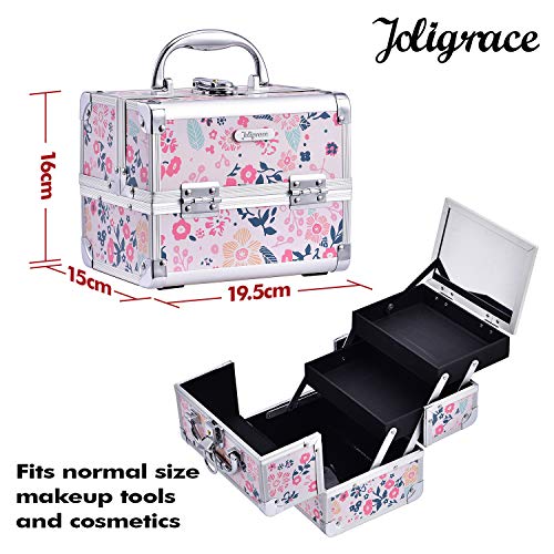 Maletín para Maquillaje Vacío Profesional con Espejo luz Impermeable Caja Neceser Maleta Estuche Organizador de Viaje Cosméticos con Cerradura y Llave 19.5x15x16cm, Flores Rosa