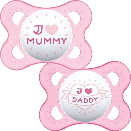 MAM -. Conjunto de chupetes con inscripción"Te amo mamá/papá", 2 piezas, Pink (rosa), 0 mes