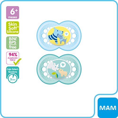 MAM Day & Night Soothing Set, juego de regalos para bebés de +6 meses, 4 chupetes de silicona Original +6 (2x día y 2x noche) y otros 4 para +16 (2x día y 2x noche), NIÑO (Boy)