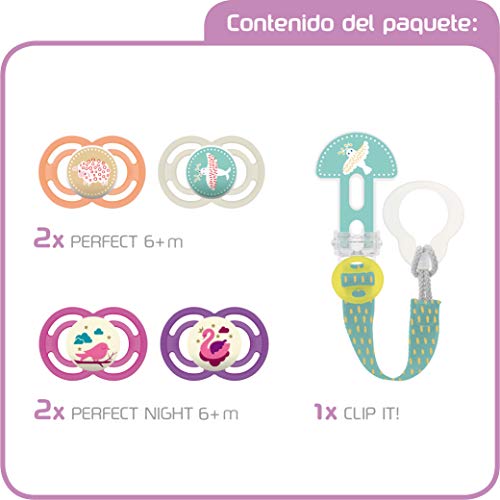 MAM Premium Soothing Set, juego de regalos para bebés de +6 meses, incluye 2 chupetes de silicona Perfect +6, 2 chupetes Perfect Night +6 y sujetachupetes Clip it, NIÑA (Girl)