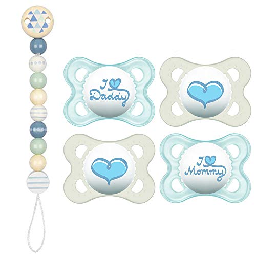 MAM "Skin Soft" Silicona Chupete I Love Mama & Papa 0-6 meses, Juego De 4 con 2 esterilizable estuche de viaje + Chupete de madera