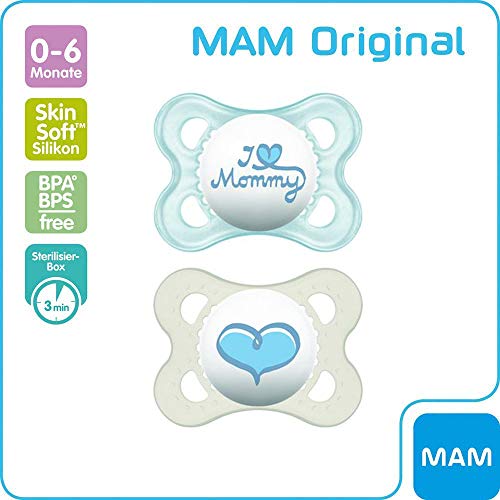 MAM "Skin Soft" Silicona Chupete I Love Mama & Papa 0-6 meses, Juego De 4 con 2 esterilizable estuche de viaje + Chupete de madera