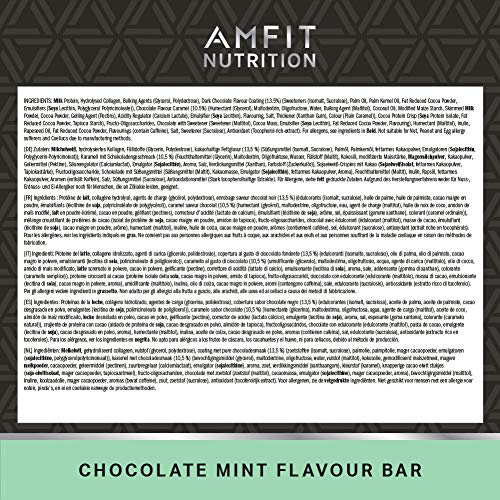 Marca Amazon- Amfit Nutrition Barra de proteína baja en azúcar (19,8gr proteina - 0,9gr azúcar) - chocolate y menta - Pack de 12 (12x60g)