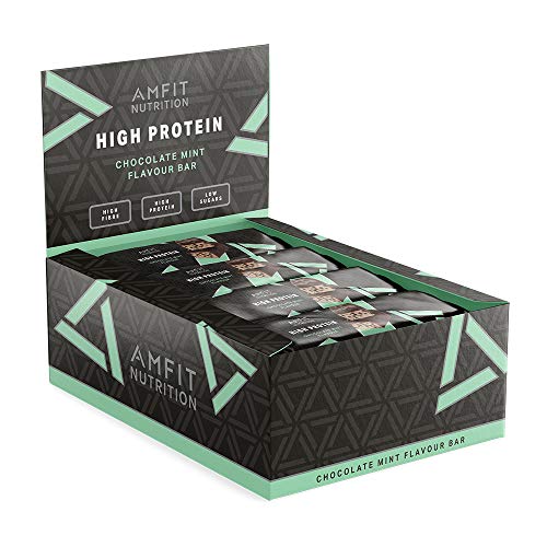 Marca Amazon- Amfit Nutrition Barra de proteína baja en azúcar (19,8gr proteina - 0,9gr azúcar) - chocolate y menta - Pack de 12 (12x60g)