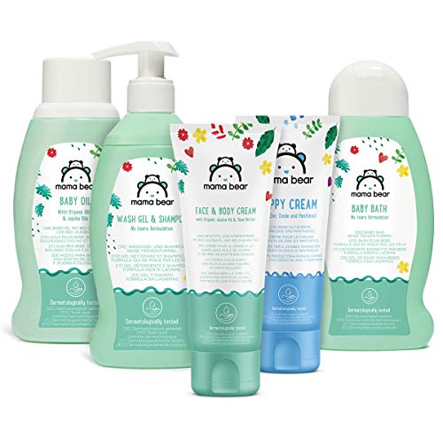 Marca Amazon- Mama Bear Set para los bebés: Gel de baño, champú, crema para el cambio del pañal, aceite, crema para la cara y el cuerpo