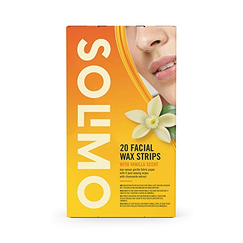 Marca Amazon - Solimo - Bandas de cera faciales con aroma de vainilla con 4 toallitas posdepilación (4x20 bandas de cera)