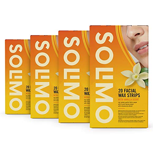 Marca Amazon - Solimo - Bandas de cera faciales con aroma de vainilla con 4 toallitas posdepilación (4x20 bandas de cera)