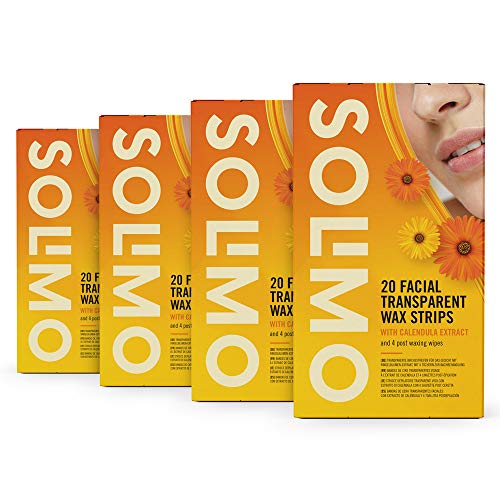 Marca Amazon - Solimo - Bandas de cera faciales con extracto de caléndula y toallitas posdepilación (4x20 bandas de cera)