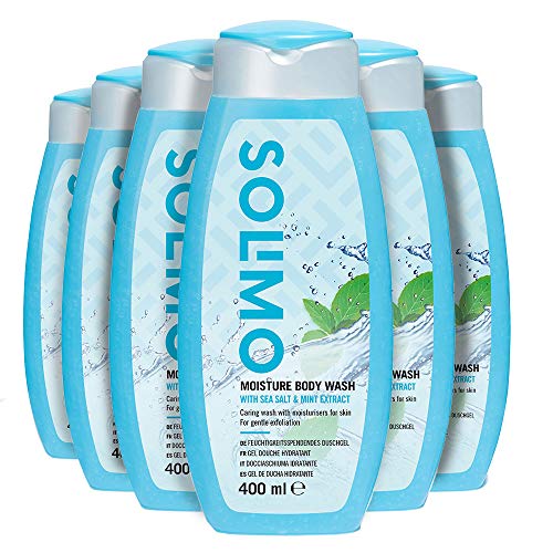Marca Amazon - Solimo Gel de ducha hidratante con sal marina y extracto de menta- Paquete de 6 (6 Botellas x 400 ml)