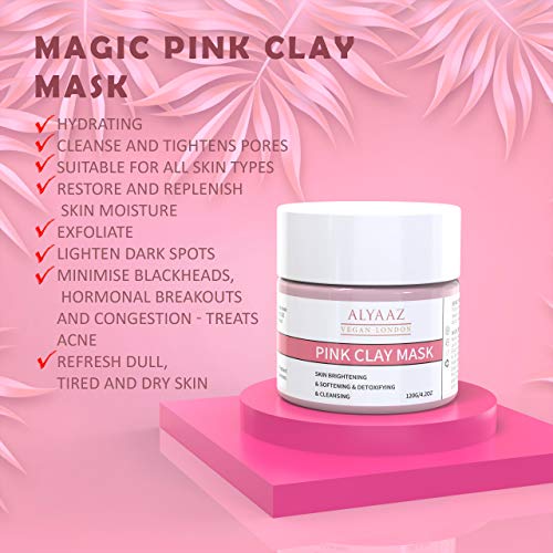 Máscara de arcilla rosa vegana australiana mágica, hidratante, elimina manchas oscuras, aprieta los poros, limpiador con cepillo.