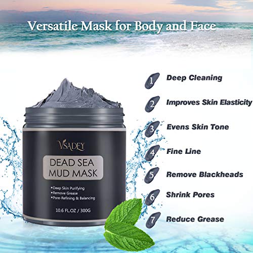 Máscarilla Barro de Mar Muerto 300g, Vsadey Mascarilla Purificante e Exfoliante, Mascarilla Hidratante Facial y Cuerpo, Arcillas Faciales Reduce Poros Acné Puntos Negros Espinillas