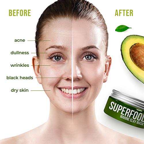 Mascarilla con Aguacate y Superalimentos - Dermatológicamente probado y hipoalergénico - Exfoliante facial para eliminar puntos negros y espinillas - Limpieza Facial de Arcilla Blanca - Face Mask cara