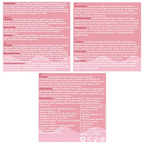 Mascarilla de Arcilla Rosa, Mascarilla Exfoliante Facial, Mascarilla facial de hidratante, Pink Clay Mask, Mascarilla Purificante, Desintoxicación, limpieza profunda y refinación de poros