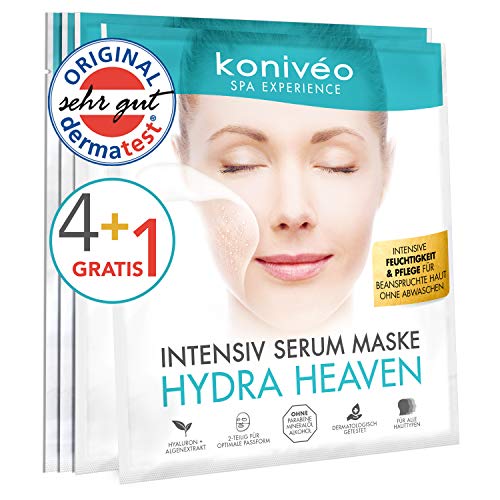 Mascarillas faciales KONIVÉO Premium. Máscara de tejido con sello alemán Dermatest „Muy bueno“. Tratamiento de hidratación intensa para el rostro con Ácido Hialurónico. Pack mensual 4 Unidades