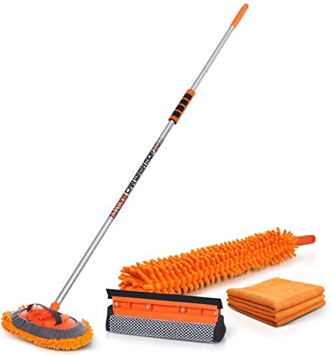 MATCC Kit de Lavado de Coche 4PCS Herramientas Lavado Coche Mango Largo Rotación de 180°Rasqueta de Ventana Toallas de Microfibra Duster para Camiones de RV y Limpieza del Hogar 157cm