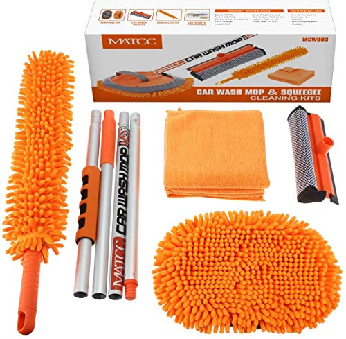 MATCC Kit de Lavado de Coche 4PCS Herramientas Lavado Coche Mango Largo Rotación de 180°Rasqueta de Ventana Toallas de Microfibra Duster para Camiones de RV y Limpieza del Hogar 157cm