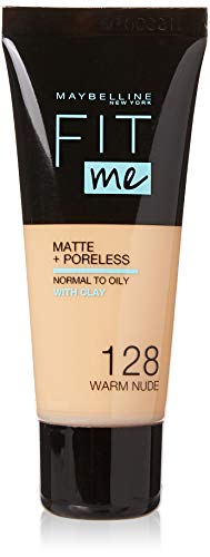 Maybelline New York - Fit Me, Base de Maquillaje Mate Afina Poros, Tono 128 Warm Nude - 30 ml