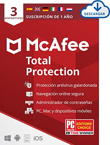 McAfee Total Protection 2020, 3 Dispositivos, 1 Año, Software Antivirus, Seguridad de Internet, Manager de Contraseñas, Seguridad Móvil, Compatible con PC/Mac/Android/iOS, Edición Europea, Descargable