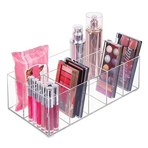 mDesign Organizador de maquillaje – Caja transparente con 6 compartimentos - Ideal para guardar maquillaje, cosméticos y productos de belleza – Plástico transparente
