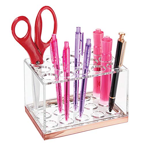 mDesign Práctico expositor de maquillaje – Decorativo organizador de cosméticos para máscara o labiales – Caja para guardar maquillaje con 15 compartimentos – transparente/dorado rojizo