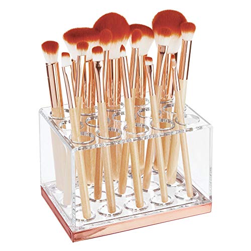 mDesign Práctico expositor de maquillaje – Decorativo organizador de cosméticos para máscara o labiales – Caja para guardar maquillaje con 15 compartimentos – transparente/dorado rojizo