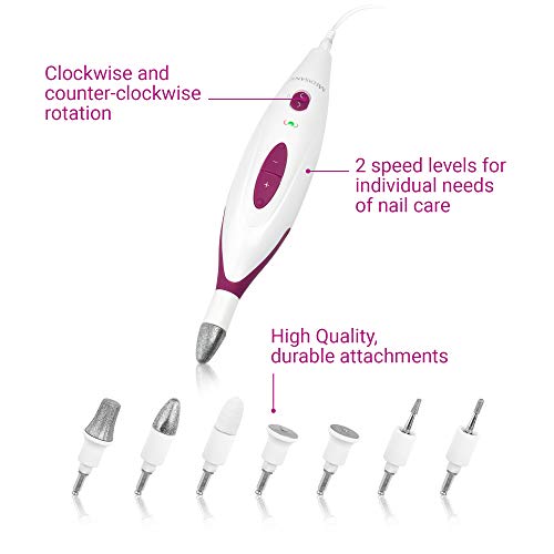 Medisana MP 815 set de manicura y pedicura eléctrica con 7 accesorios para el cuidado de las uñas, 2 velocidades para uñas, cutículas y callo