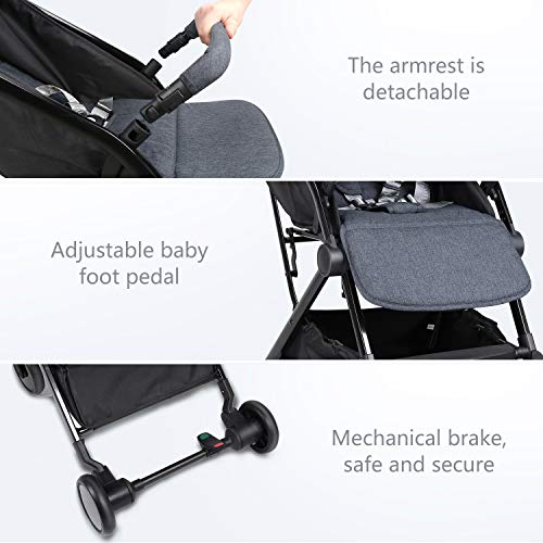Meinkind Silla de Paseo Plegable Compacta Ultra Ligera de 5,9kg, Cochecito de Portátil, (Nacimiento a 22 kg), Silla Paseo Ligera Plegable con Una Mano, Arnés de Cinco Puntos, Respaldo Reclinable, gris