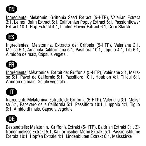 Melatonina Complex | 120 cápsulas veganas para 4 meses | Con 5-HTP, Valeriana, Melisa, Pasiflora, Amapola Californiana, Lúpulo y Tila | Mejora el sueño y el descanso, y reduce la ansiedad y el estrés