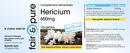 Melena de león en Cápsulas - Polvo encapsulado - Hericium 650mg - Hericium erinaceus vegano - Alta pureza - 120 Cápsulas
