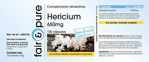 Melena de león en Cápsulas - Polvo encapsulado - Hericium 650mg - Hericium erinaceus vegano - Alta pureza - 120 Cápsulas