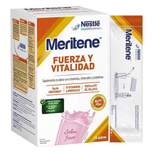 Meritene® FUERZA Y VITALIDAD - Suplementa tu nutrición y mantén tu sistema inmune con vitaminas, minerales y proteínas - Batido de Fresa - Estuche (15 sobres de 30g)