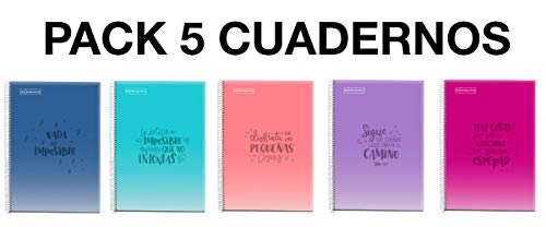 MIQUELRIUS - Pack 5 Cuadernos Cuadriculados - Tamaño Folio 215 x 309 mm, Espiral, Cubierta de Polipropileno translúcido, 80 Hojas de 90 g/m², Cuadrícula de 4 mm con margen, Mensajes, Multicolor