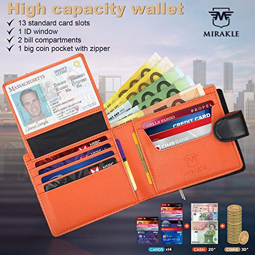 Mirakle Carteras Hombre, Billetera Bifold Hombres, Cartera Cuero Hombre, Billetera Hombre Grande, Billetera RFID con 14 Tarjetas, 2 Ranuras para Billetes, 1 Bolsillo con Cremallera - Negro Naranja