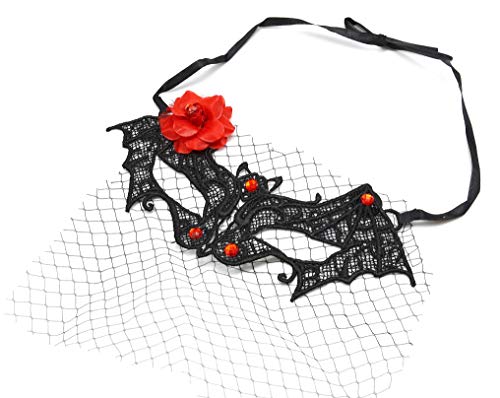 MK02-Gafas de esquí, diseño de encaje negro con cortinas de tela con tapa, diseño de flores y piedras rojas-modo de fantasía