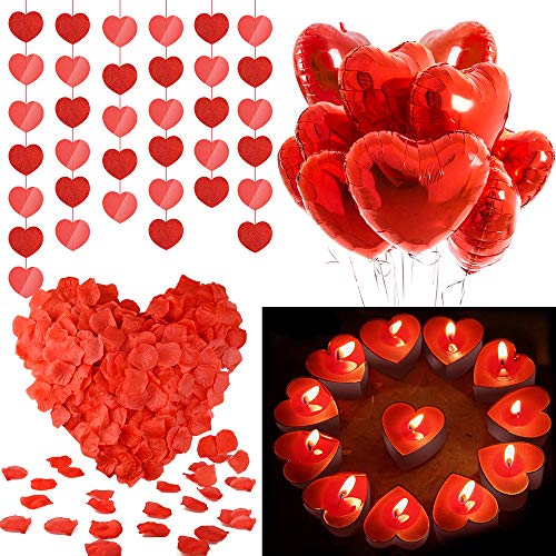 MMTX Set de Deco para el Día de San Valentín,Globos Corazon Rojo,Pétalos de Rosa, Velas en Forma de Corazón Rojo para Bodas Nupcial Aniversario y Compromiso Decoración Día de La Madre