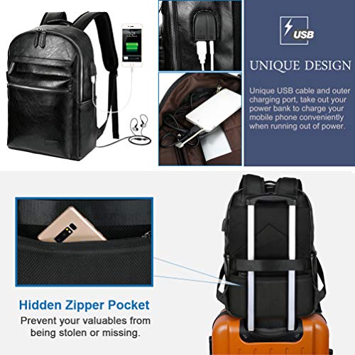 Mochila Portatil Cuero PU de Moda 15,6 Pulgadas Mochila Negocios Viaje con Puerto USB (Negro2)