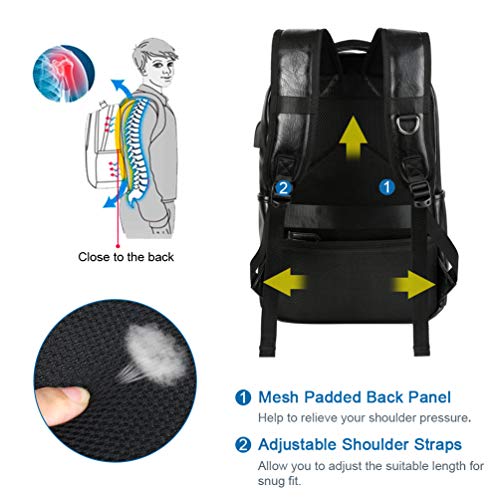 Mochila Portatil Cuero PU de Moda 15,6 Pulgadas Mochila Negocios Viaje con Puerto USB (Negro2)