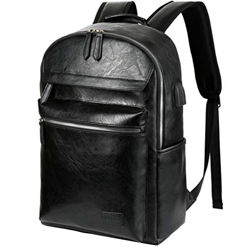 Mochila Portatil Cuero PU de Moda 15,6 Pulgadas Mochila Negocios Viaje con Puerto USB (Negro2)