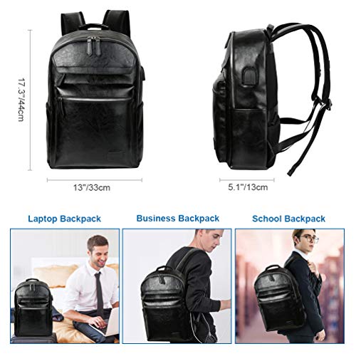 Mochila Portatil Cuero PU de Moda 15,6 Pulgadas Mochila Negocios Viaje con Puerto USB (Negro2)