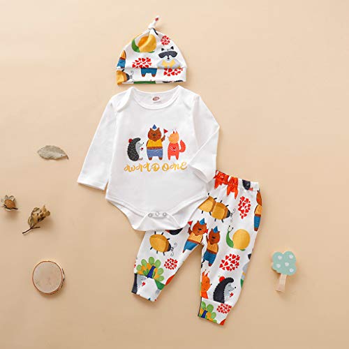 Moneycom❤ Toddler para bebé, niñas, de dibujos animados, camiseta de manga larga + pantalón + conjunto de gorra + conjunto de gorras de cumpleaños para bodas y fiestas blanco 18-24 meses