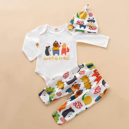 Moneycom❤ Toddler para bebé, niñas, de dibujos animados, camiseta de manga larga + pantalón + conjunto de gorra + conjunto de gorras de cumpleaños para bodas y fiestas blanco 18-24 meses