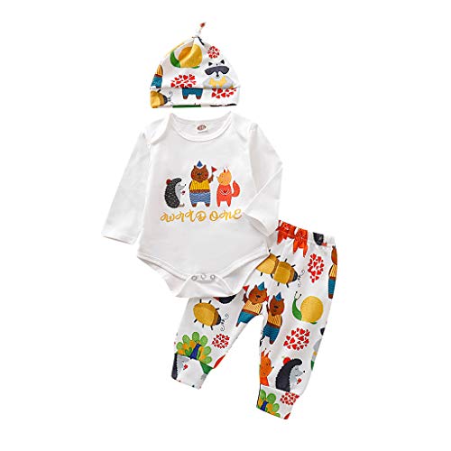 Moneycom❤ Toddler para bebé, niñas, de dibujos animados, camiseta de manga larga + pantalón + conjunto de gorra + conjunto de gorras de cumpleaños para bodas y fiestas blanco 18-24 meses