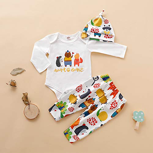 Moneycom❤ Toddler para bebé, niñas, de dibujos animados, camiseta de manga larga + pantalón + conjunto de gorra + conjunto de gorras de cumpleaños para bodas y fiestas blanco 18-24 meses