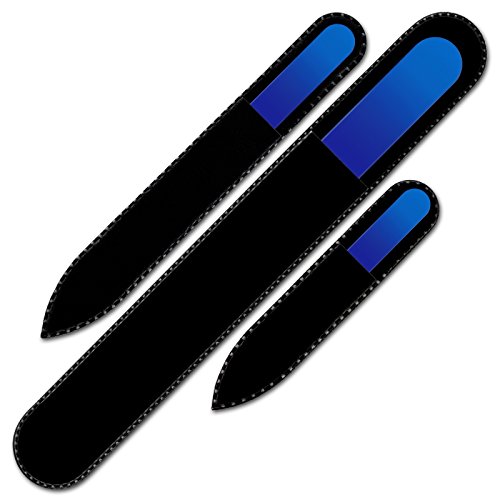 Mont Bleu Conjunto de 3 limas de uñas de cristal de color en estuche de terciopelo negro, vidrio templado checo auténtico, Garantía de por vida | Fabricado a mano en la República Checa