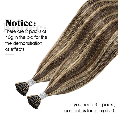 Moresoo Extensiones de Cabello Natural Queratina Pelo 100% Remy I-Tip Hair Extensions Real Human Hair Marrón Medio #4 con Caramelo Rubio #27 16Pulgadas/40cm 40g