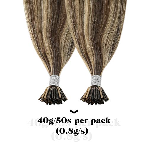 Moresoo Extensiones de Cabello Natural Queratina Pelo 100% Remy I-Tip Hair Extensions Real Human Hair Marrón Medio #4 con Caramelo Rubio #27 16Pulgadas/40cm 40g