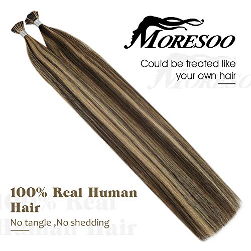 Moresoo Extensiones de Cabello Natural Queratina Pelo 100% Remy I-Tip Hair Extensions Real Human Hair Marrón Medio #4 con Caramelo Rubio #27 16Pulgadas/40cm 40g
