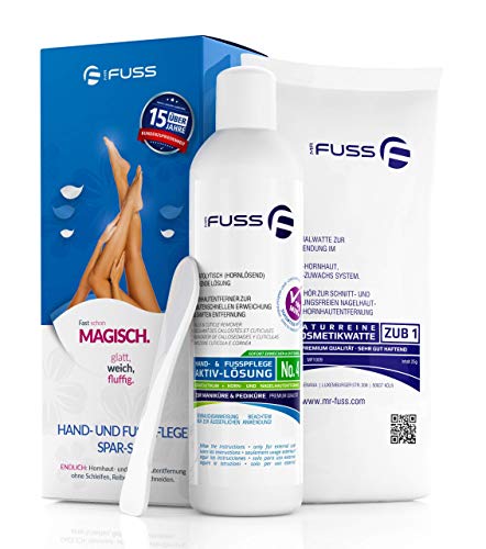 Mr. Fuss Solución Removedor de Durezas - Elimina Fácilmente Callos - Suave y Rápido - 250ml No. 4 en el Paquete Plus. Set de Pedicura sin Frotar con Efecto Inmediato.