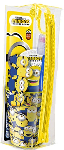 MR White – Minions - Kit de viaje / Set de higiene dental compuesto por: cepillo manual con ventosa y capuchón para remolacha, pasta de dientes 75 ml sabor a frutas, vaso y cómoda bolsa