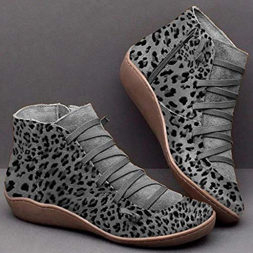 Mujer Botas de Nieve Zapatos Invierno Impermeables Calientes Forradas Cortas Tobillo Boots de Cuero Botines de tobillo con cordones y estampado de leopardo plano nuevo casual Botines de tobillo
